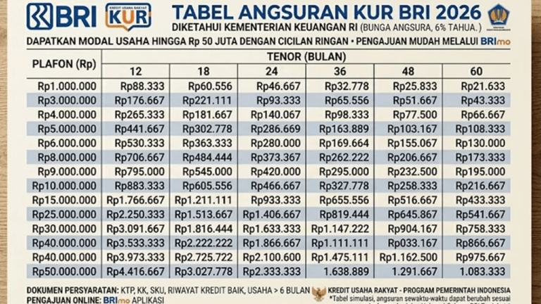 Tabel Angsuran KUR BRI April 2026, Cek Syarat Pengajuan